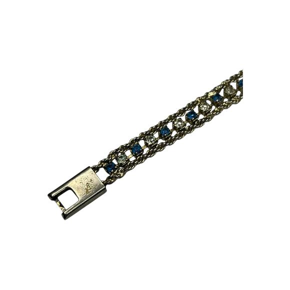 Vintage Blue & Clear Crystal Tennis Bracelet – Silver Tone Triple Strand – 8" - Picture 7 of 8